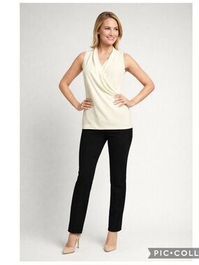 Cabi Cream Faux Wrap Cowl Neck Blouse Sleeveless Soft Draped Top